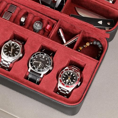ROTHWELL 8 Watch Travel Case Storage Organizer for 8 Watches, Sunglasses, Rings & Cufflinks |Tough Portable Protection with Zipper Fits Most Wristwatches & Smart Watches Up to 50mm (Black/Red) - color: Black/Red