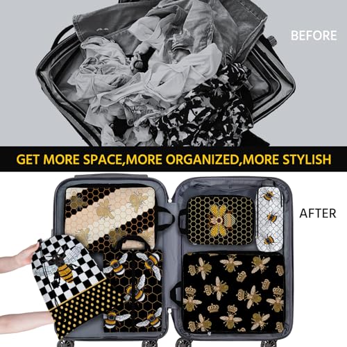 6 Pcs Compression Packing Cubes Waterproof Suitcase Travel Bag Luggage Backpack Organizer Travel Cubes for Packing-Black and Gold Bees - color: Black Bees