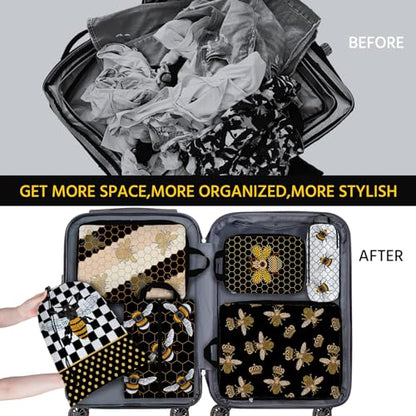 6 Pcs Compression Packing Cubes Waterproof Suitcase Travel Bag Luggage Backpack Organizer Travel Cubes for Packing-Black and Gold Bees - color: Black Bees