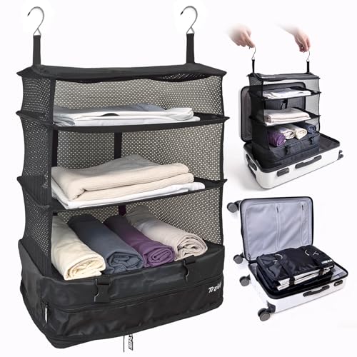 Grand Fusion Stow-N-Go Hanging Travel Shelves, Packing Organizer for Luggage. Carry on Closet for Suitcase. Expandable Packing Cube. Travel Essentials. (Black - XL, XL = (L) 17.7" x (W) 11.8") - color: Black, size: XL = (L) 17.7" x (W) 11.8"