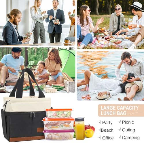 Joymee Large Insulated Lunch Tote Bag for Work Lunch Box Women/Men with Shoulder Strap Reusable Leakproof Large Spacious Lunch Cooler Tote for Women Adult with Bottle Holder and Side Pockets - Black - color: A Black