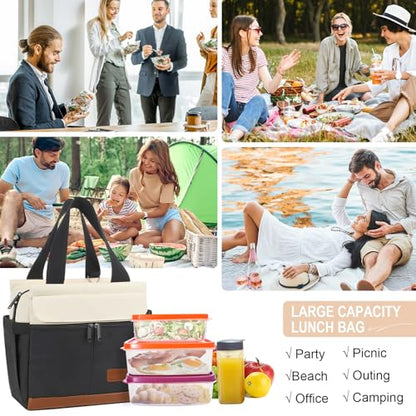 Joymee Large Insulated Lunch Tote Bag for Work Lunch Box Women/Men with Shoulder Strap Reusable Leakproof Large Spacious Lunch Cooler Tote for Women Adult with Bottle Holder and Side Pockets - Black - color: A Black