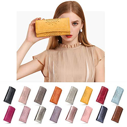APHISON Womens Wallets RFID Blocking Leather Clutch Long Wallet for Women Card Holder Phone Organizer Ladies Travel Purse Hollow Out Sunflower Design Gift - color: YELLOW