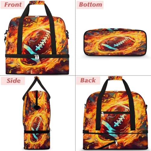 Travel Duffel Bag Football Fire Weekender Bag with Shoe Compartment Foldable Overnight Bags for Travel Sports Lightweight Gym Bags for Men Women - color: Football Fire