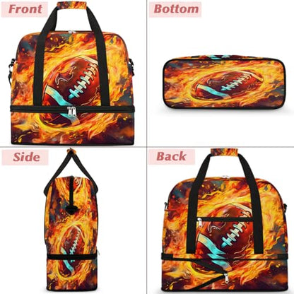Travel Duffel Bag Football Fire Weekender Bag with Shoe Compartment Foldable Overnight Bags for Travel Sports Lightweight Gym Bags for Men Women - color: Football Fire
