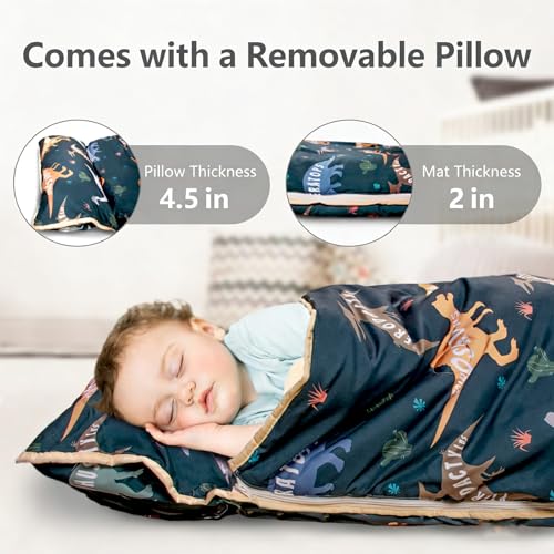 Primlect Toddler Nap Mat Extra Large Thickened 55''x35'', Soft Sleeping Bag with Detachable Minky Blanket and Pillow, Portable for Daycare, Preschool, Kindergarten, Travel, Boys and Girls - color: Green Dinosaur