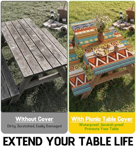 Fitted Picnic Table Cover with Bench Covers Fitted Rectangle Table Cloth Tablecloth Camping Gear Essentials Rv Accessories Road Trip Supplies Car Travel Must Have 8 Ft Foot Feet 96in Bohemian Boho - color: Yellow Boho, size: 96in