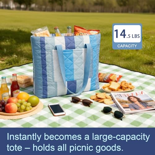 2 in 1 Tote Picnic Blanket Waterproof Outdoor Camping Mat,Large Capacity Beach Blanket 80''x80'' 7 Layers Easy to Foldable and Carry. - color: Blue