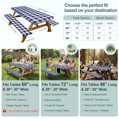 Play Tailor Picnic Table Cover with Bench Covers Camping Essentials Waterproof Windproof Camping Tablecloth with Drawstring Bag, Fitted Rectangle Tables and Seats, 60in, Blue Checkered - color: Blue Checkered, size: 60in
