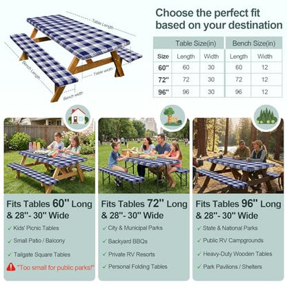 Play Tailor Picnic Table Cover with Bench Covers Camping Essentials Waterproof Windproof Camping Tablecloth with Drawstring Bag, Fitted Rectangle Tables and Seats, 96in, Blue Checkered - color: Blue Checkered, size: 96in