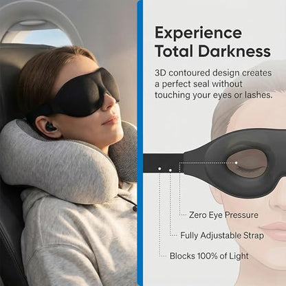 Must-Have Travel Kit Memory Foam Neck Pillow with Adjustable Fit & Removable Cover, 3D Contoured Sleep Mask, Reusable Noise-Reducing Earplugs & Storage Bag, Perfect Travel Essentials Set