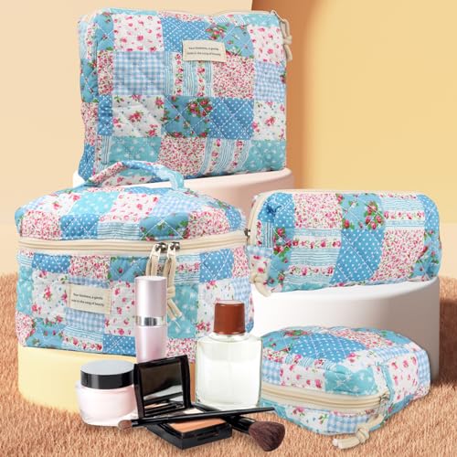 NATINSA Cute Makeup Bag for Women(2 Pcs), Travel Cosmetic Bags, Quilted Coquette Aesthetic Floral Toiletry Organizer Bag (43 - Grid Rose/4PCS) - color: 43 - Grid Rose/4PCS