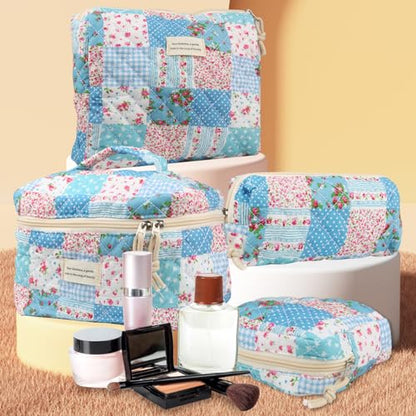 NATINSA Cute Makeup Bag for Women(2 Pcs), Travel Cosmetic Bags, Quilted Coquette Aesthetic Floral Toiletry Organizer Bag (43 - Grid Rose/4PCS) - color: 43 - Grid Rose/4PCS