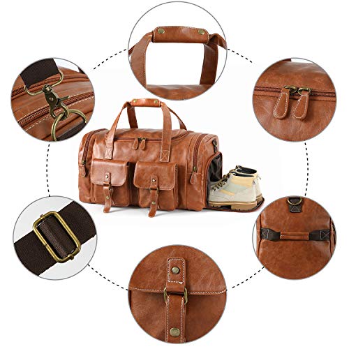 Zeroway PU Leather Travel Duffel Bag with Shoe Pouch Large Carry on Bag Waterproof Weekender Overnight Bag for Men Women Brown - color: Brown
