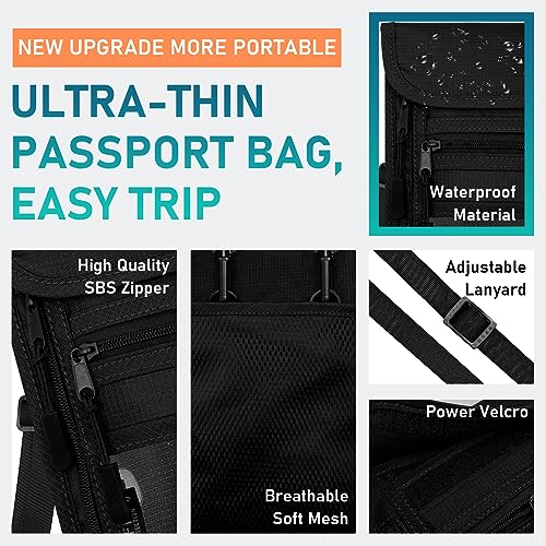 sundee Travel Neck Wallet with Double Zippers, RFID Blocking Passport Holder with Adjustable Neck Strap for Men and Women to Keep Cash, Credit Cards and Travel Documents Safe - Black - color: Black