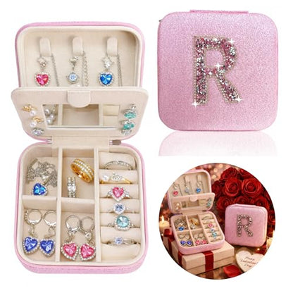 Travel jewelry case Travel jewelry box Travel Jewelry Organizer Small box Gift for Girls Women with Mirror (Pink + R) - color: Pink R
