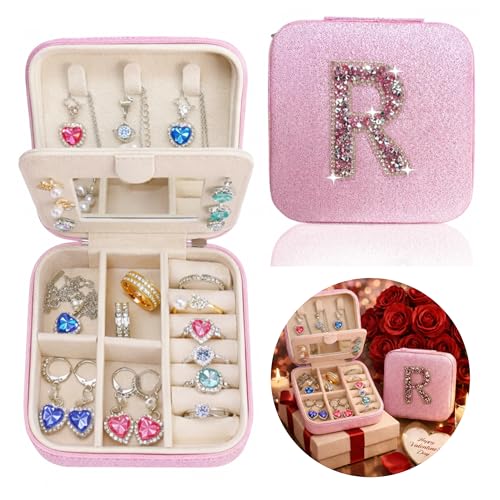 Travel jewelry case Travel jewelry box Travel Jewelry Organizer Small box Gift for Girls Women with Mirror (Pink + R) - color: Pink R