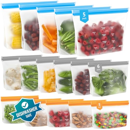 Dishwasher Safe Reusable Storage Bags Stand Up - BPA Free Reusable Sandwich Bags - Leakproof Gallon Freezer Bags, Food Storage Bags - Multicolor 5 Large+ 6 Sandwich + 5 Snack Bags - color: Multicolor (5 Gallon + 6 Sandwich + 5 Snack )