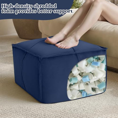 MeMoreCool Stuffed Round Pouf Ottoman Foot Rest, Floor Pouf Foot Stool with Soft Foam Chunk Filling, Small Round Ottoman Footstool Circle Footrest for Living Room - color: Piping Navy