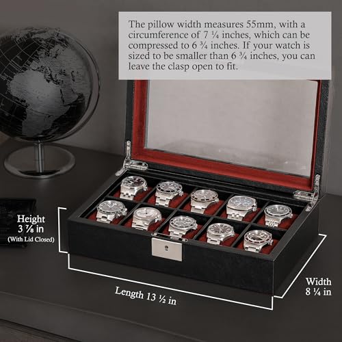 ROTHWELL 10 Slot Leather Watch Box - Luxury Case Display Jewelry Organizer - Locking Watch Display Case Holder with Large Glass Top - Box Organizer for Men and Women (Black/Red) - color: Black / Red