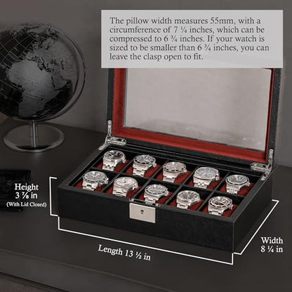 ROTHWELL 10 Slot Leather Watch Box - Luxury Case Display Jewelry Organizer - Locking Watch Display Case Holder with Large Glass Top - Box Organizer for Men and Women (Black/Red) - color: Black / Red