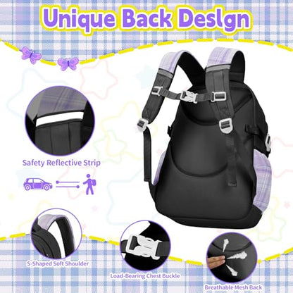 Girls Backpack with Lunch Box Set, 5pc Black Cute Kawaii Bookbag for Teens, Aesthetic School Backpack for Elementary - color: Black