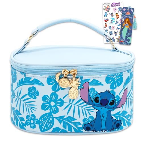 Disney Stitch Cosmetic Bag Set - Bundle with Oval Cosmetic Case for Makeup, Travel Size Toiletries Plus Bookmark, Stickers | Stitch Travel Bag for Girls, Women