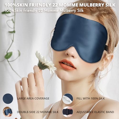 Silk Sleep Mask 100% 22 Momme Mulberry, Sleep Eye Mask for Women Men, Blackout Blindfold with Adjustable Strap, Side Sleeper Eye Cover, Soft Eyeshade Filled with Premium Mulberry Silk (Blue) - color: 22 Momme-blue