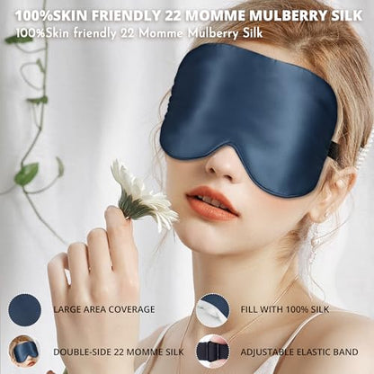 Silk Sleep Mask 100% 22 Momme Mulberry, Sleep Eye Mask for Women Men, Blackout Blindfold with Adjustable Strap, Side Sleeper Eye Cover, Soft Eyeshade Filled with Premium Mulberry Silk (Blue) - color: 22 Momme-blue