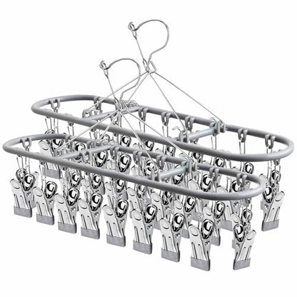 PHYDELU Drying Rack Clothing with 20 Clips，Sock Hanger for Drying，Hanging Clothes Dryer Underwear Hangers Racks Laundry Herb Socks Panty Wet Bra Lingerie Baby Delicates Foldable Small Indoor Metal - color: Dark Gray (20 Clips) (2pcs)