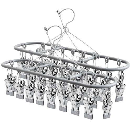 PHYDELU Drying Rack Clothing with 20 Clips，Sock Hanger for Drying，Hanging Clothes Dryer Underwear Hangers Racks Laundry Herb Socks Panty Wet Bra Lingerie Baby Delicates Foldable Small Indoor Metal - color: Dark Gray (20 Clips) (2pcs)