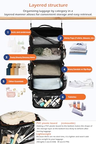 TABITORA Travel Luggage Organizer insert Hanging Packing Cubes for Suitcase Carry on Closet Hanging Shelves Folding(Black,S) - color: Black, size: Small