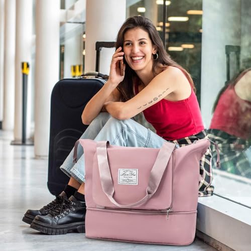 Ranslen Large Capacity Folding Travel Bag,Expansion Travel Duffel Bag with Dry and Wet Separation Portable Travel Duffel Bag - color: Pink