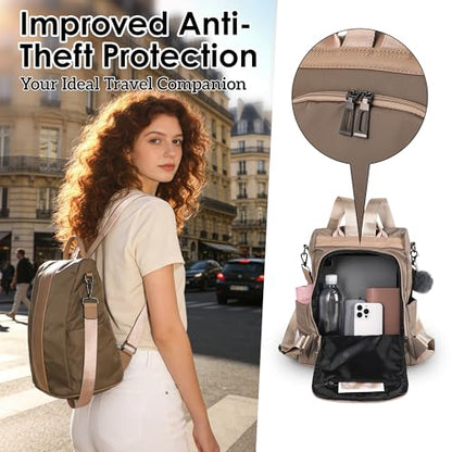 PINCNEL Women Khaki Medium Backpack Purse Waterproof Nylon Anti-theft Rucksack Lightweight Shoulder Bag - color: Khaki, size: Medium