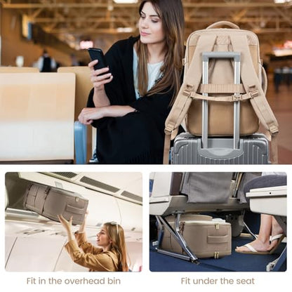 LOVEVOOK Travel Backpack For Women,50L Carry On Backpack Flight Approved,TSA Personal Item Travel Bag Fits 18 Inch Laptop,Business Weekender Overnight Daypack with Toiletry Bag and Cubes - color: Off-white and Khaki, size: 18 Inch-50L-4Pcs
