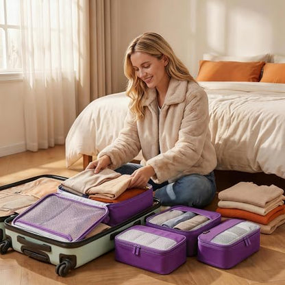 4 Piece Compression Packing Cubes for 3–7 Day Travel, Space Saving Travel Organizers with Breathable Mesh, Double-Zipper Packing Cubes for Carry-On & Suitcases (Purple) - color: Purple