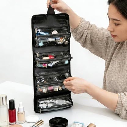 ROYALFAIR Roll Up Makeup Bag, Travel Toiletry Bag for Women with 4 Clear TSA Approved Pouches, Hanging Travel Organizer, Folding Cosmetic Bag for Men and Women - color: Black
