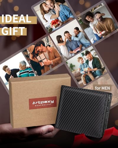 Artpaxy Mens Wallet Genuine Leather Bifold RFID Blocking Wallet for Men with 1 ID Window 13 Card Holders 2 cash pockets 1 Gift Box - color: Carbon Black