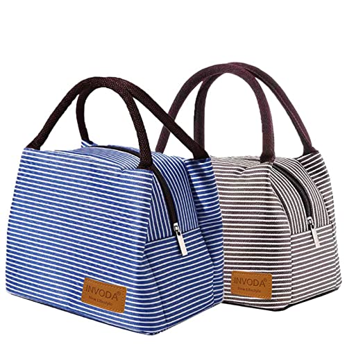 2PCS Lunch Bags 2PCS Reusable Lunch Tote Bags Portable Lunch Cooler Bag Lunch Holder Insulated Lunch Box Bag for Picnic Office Beach (Blue+Brown) - color: Blue+Brown