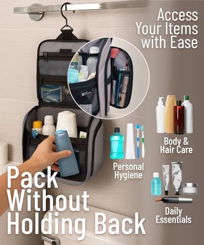 D&D Wanderlust D&D Hanging Travel Toiletry Bag for Men and Women – Cosmetics, Makeup and Toiletries Organizer Kit with 10 Compartments - color: Light Gray Medium