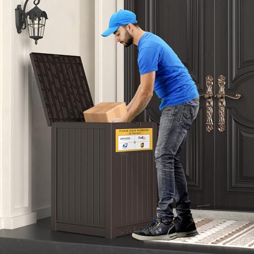 LHBGO Package Delivery Box for Outside, with Delivery Sign 48 Gallon Storage with Lockable Secure, Large Resin Outdoor Package Drop Container - color: Brown with Delivery Sign