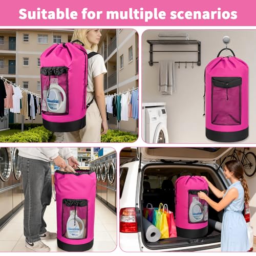 150L Laundry Bag Backpack with 3 Sizes Mesh Wash Bags and Shoulder Straps Foldable Clothes Hamper Bag with Drawstring Closure for College, Apartment, Laundromat(Pink) - color: Hot Pink
