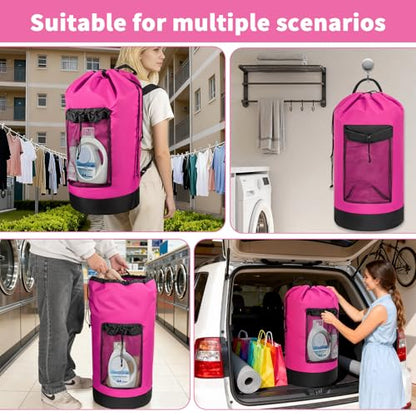 150L Laundry Bag Backpack with 3 Sizes Mesh Wash Bags and Shoulder Straps Foldable Clothes Hamper Bag with Drawstring Closure for College, Apartment, Laundromat(Pink) - color: Hot Pink