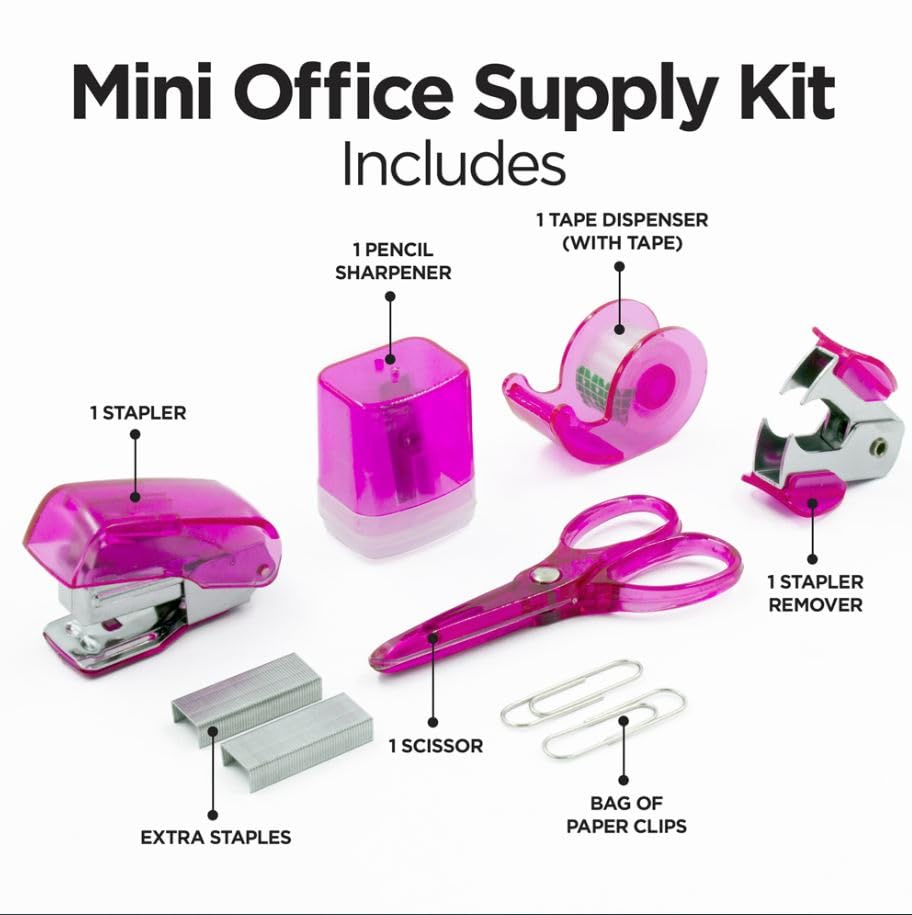 LD Products Pink Mini Office Supply Kit Portable Case with Scissors, Paper Clips, Tape Dispenser Set, Pencil Sharpener, Mini Stapler with Staples and Staple Remover - color: Pink