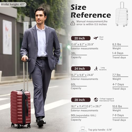 Coolife Medium Checked Luggage with Spinner Wheels, Hardside Suitcase TSA Lock Lightweight Travel Luggage 24-inch,Wine Red - color: wine red, size: Medium(24in)