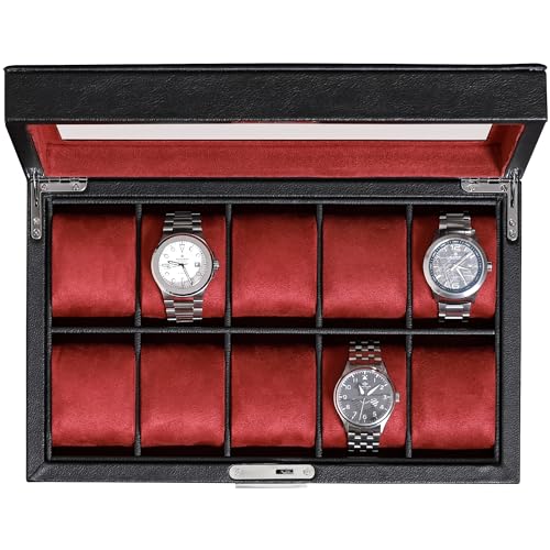 ROTHWELL 10 Slot Leather Watch Box - Luxury Case Display Jewelry Organizer - Locking Watch Display Case Holder with Large Glass Top - Box Organizer for Men and Women (Black/Red) - color: Black / Red