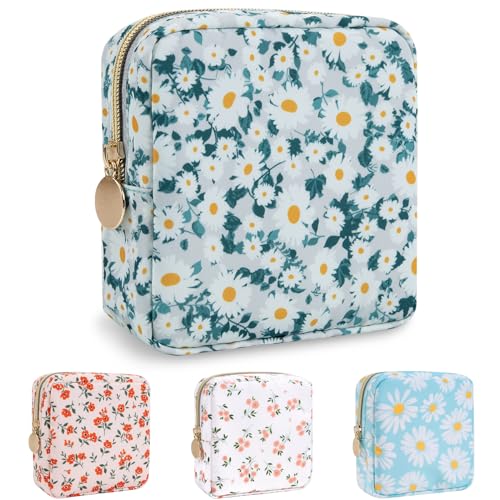 Nylon Mini Floral Makeup Bag for Purse, Small Cute Travel Makeup Bag Preppy Flower Cosmetic Zipper Pouch, Waterproof Coin Pouch Sanitary Napkin Storage Bag Make Up Organizer Set for Women(Green-Daisy) - color: Green-Daisy, size: Mini