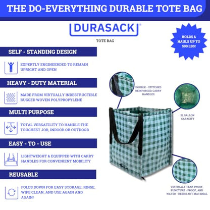 DURASACK Heavy Duty Storage Tote Bag 22-Gallon Rugged Woven Polypropylene Moving Bag, Reusable Self-Standing Design, Holds up to 500 Pounds, Single, Gingham Green - color: Gingham Green, size: Single