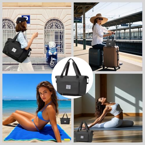 Large Capacity Foldable Travel Bag, Expandable lightweight Carry on Bag, Dry with Wet Separation Spor Duffel Bags (Black) - color: Black