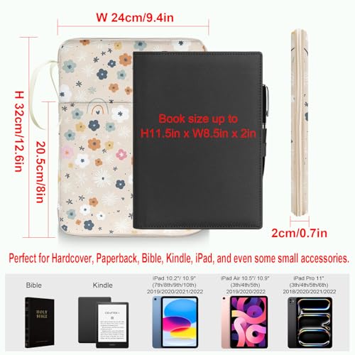 Rainbow Book Sleeve Pouch with Zipper, Paperback Book Protector Case,PU Leather Waterproof Book Pouch,Cute Floral Print Travel Book Carrying Case for Book Lovers Women,Book Cover for Hardcover